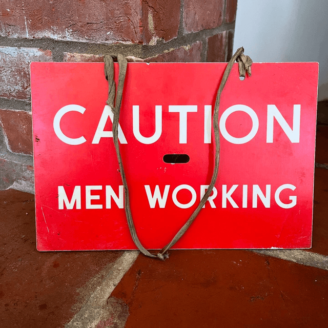 Vintage “CAUTION” Men Working, Double Sided Plastic Resin Industrial Construction Sign