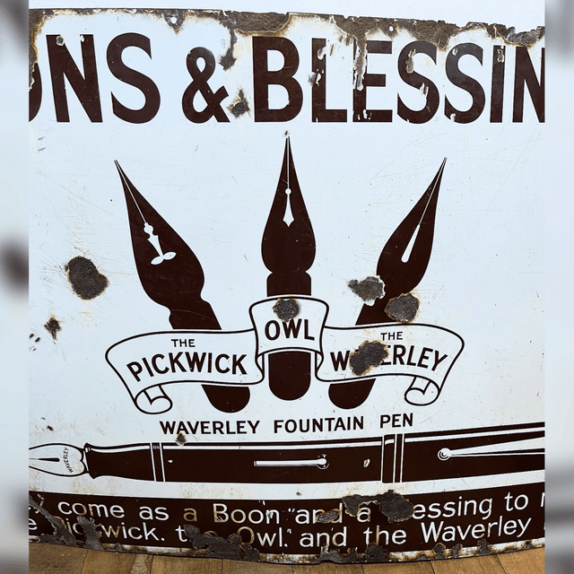 C.1910 BOONS & BLESSINGS, WAVERLEY FOUNTAIN PEN Pictorial Enamel Advertising Sign - LARGE Proportions