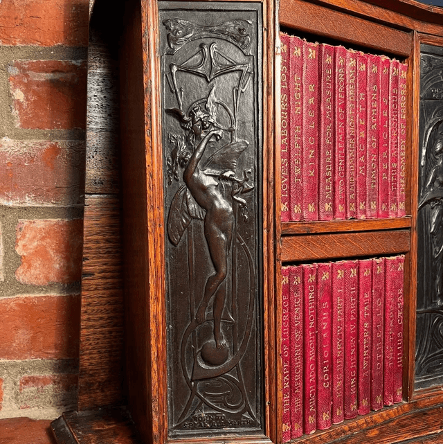Arts & Crafts Oak Desk Top Bookcase With 3 Bronze Art Nouveau Period Plaques 