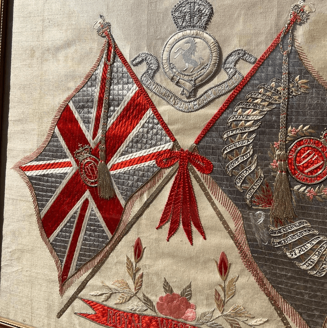 A Framed, Embroidered Silk Piece Depicting The Regimental Colours And Badge Of The Royal West Kent Regiment