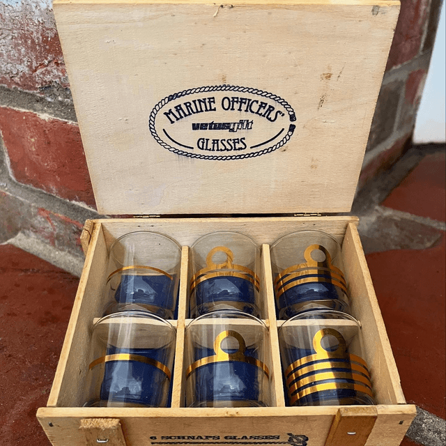 6 Vintage French Marine Officers’ Shot/ Schnapps Glasses In Miniature Crate 