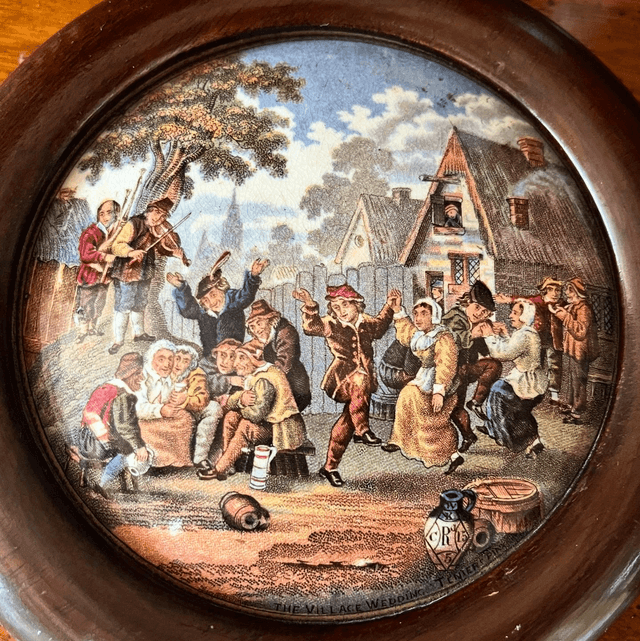 Antique English Victorian Pratt-ware Pot-lid “The Village Wedding”