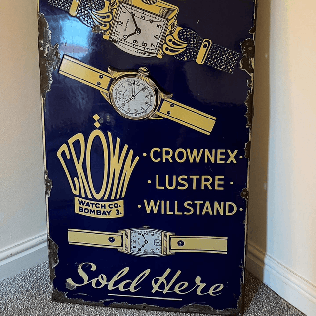 1930’s/ 40’s CROWN Watches Single Sided Enamel Sign (LARGE)