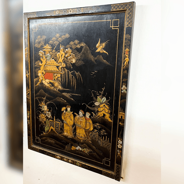 A 20th Century Black Lacquered Chinoiserie Panel