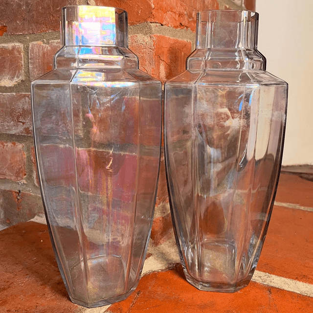 A Pair Of Iridescent Glass Vintage Vases In The Manner Of Art Deco