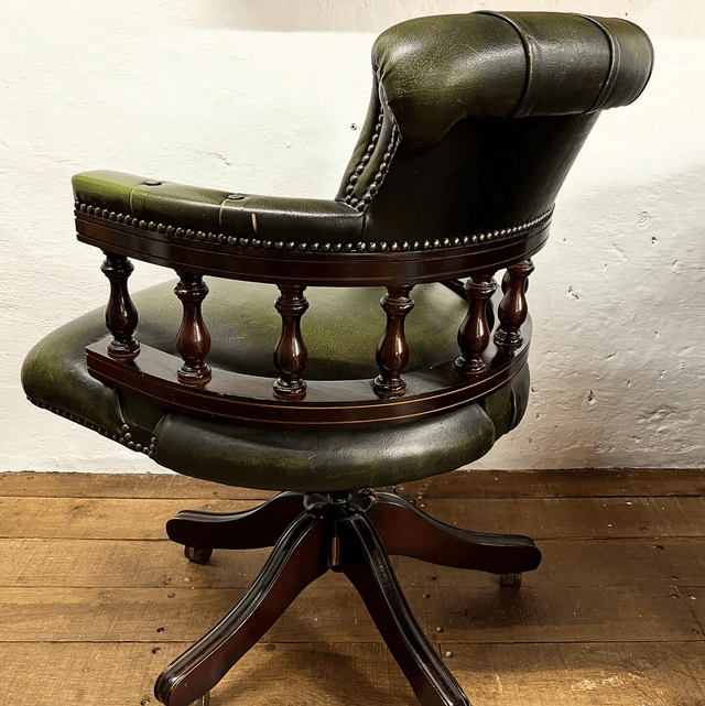 A Vintage Chesterfield Captains Chair Finished In Green Leather