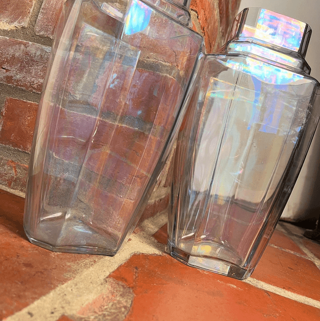 A Pair Of Iridescent Glass Vintage Vases In The Manner Of Art Deco