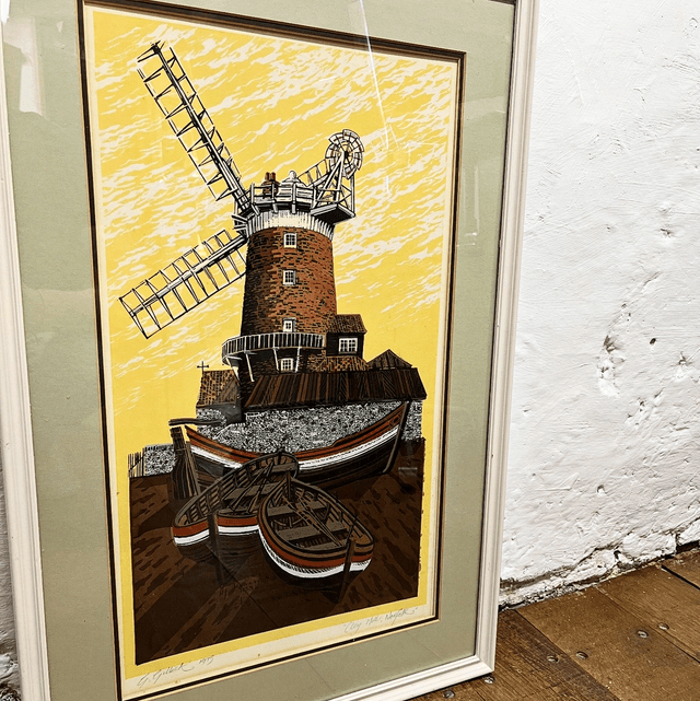 A Framed And Signed Linocut Of “Cley Mill” In North Norfolk