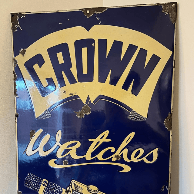 1930’s/ 40’s CROWN Watches Single Sided Enamel Sign (LARGE)