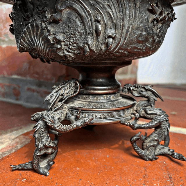 Japanese Bronze Three-part Censer Bowl Featuring Prominent Dragon Motifs, Signed By Watakumo Chûzo