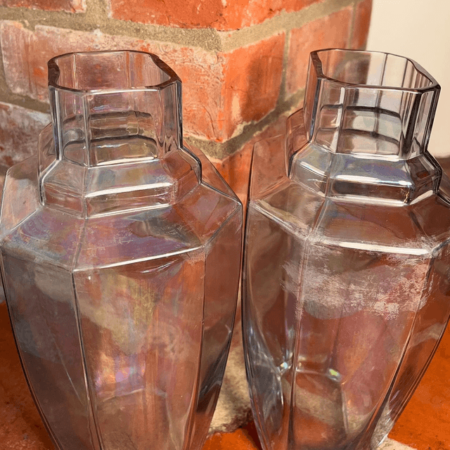A Pair Of Iridescent Glass Vintage Vases In The Manner Of Art Deco