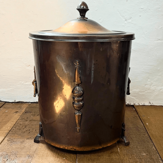 Art Nouveau Copper & Brass Fireside Set, With An Art Nouveau Copper & Brass Fireside Coal Scuttle