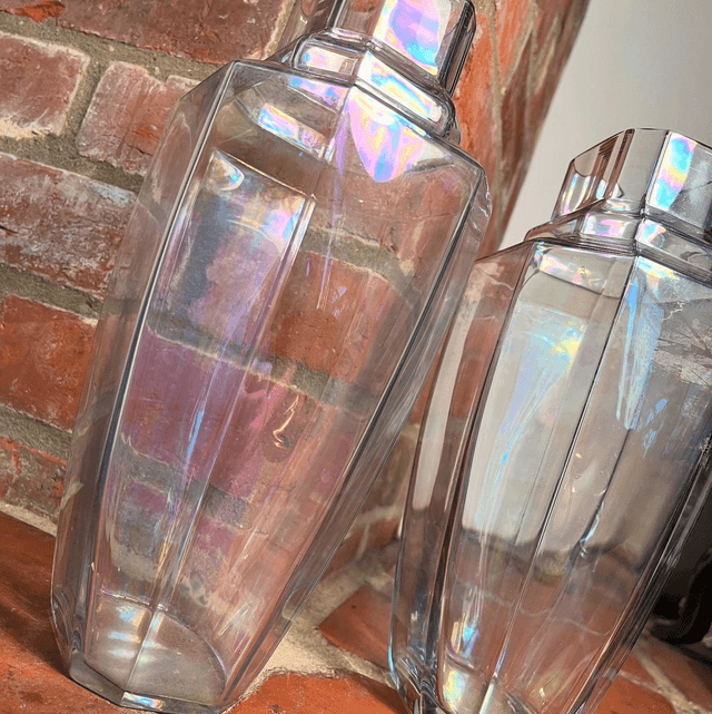 A Pair Of Iridescent Glass Vintage Vases In The Manner Of Art Deco
