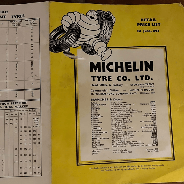 1953 Michelin Tyre Co Garage Retail Price List/ Chart