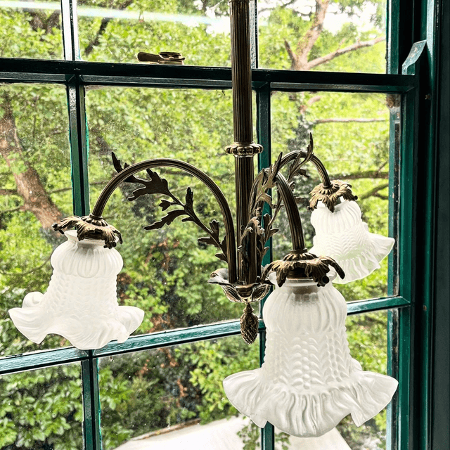 A 19th Century Brass Three Arm Chandelier With French Tulip Glass Shades