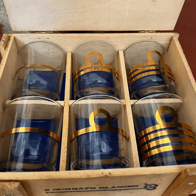 6 Vintage French Marine Officers’ Shot/ Schnapps Glasses In Miniature Crate 