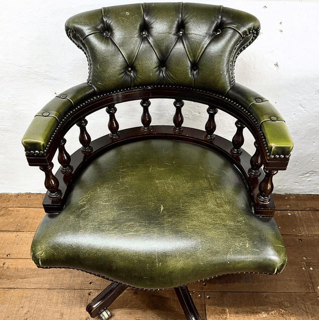 A Vintage Chesterfield Captains Chair Finished In Green Leather