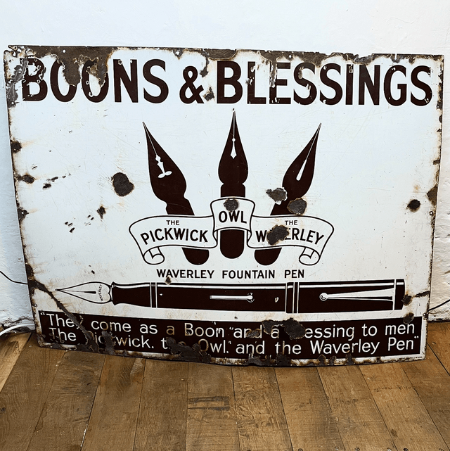 C.1910 BOONS & BLESSINGS, WAVERLEY FOUNTAIN PEN Pictorial Enamel Advertising Sign - LARGE Proportions