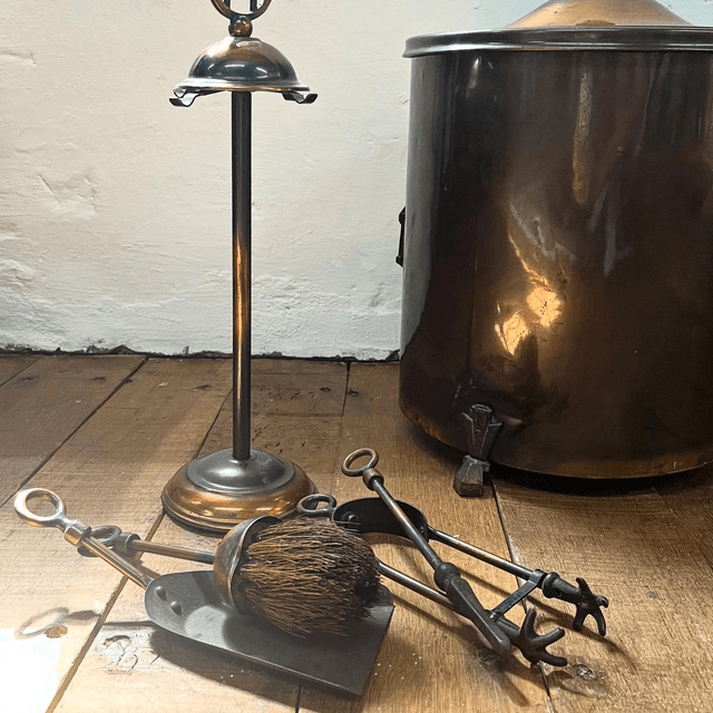 Art Nouveau Copper & Brass Fireside Set, With An Art Nouveau Copper & Brass Fireside Coal Scuttle