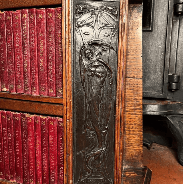 Arts & Crafts Oak Desk Top Bookcase With 3 Bronze Art Nouveau Period Plaques 
