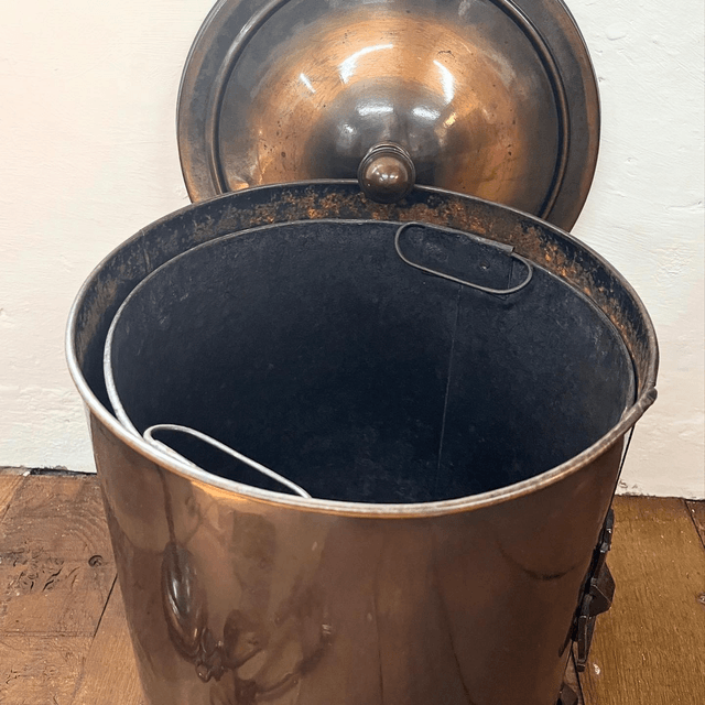 Art Nouveau Copper & Brass Fireside Set, With An Art Nouveau Copper & Brass Fireside Coal Scuttle