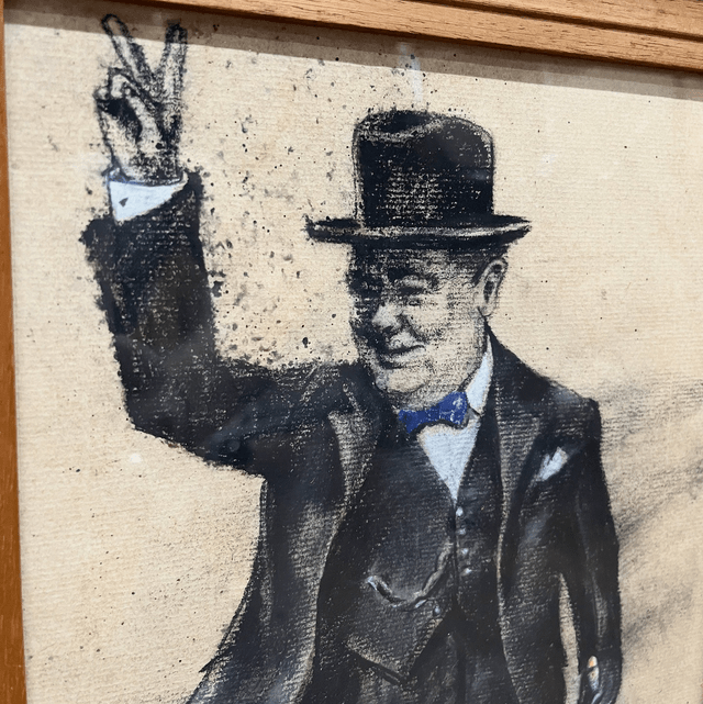 A Naive Charcoal Hand Sketched Portrait Of Winston Churchill- Signed 
