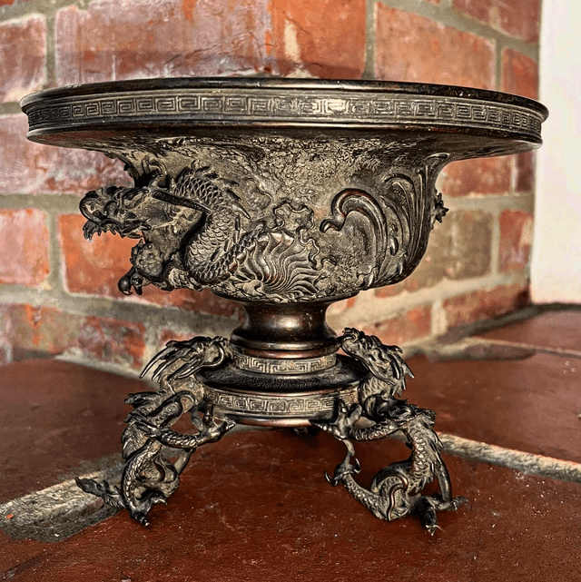 Japanese Bronze Three-part Censer Bowl Featuring Prominent Dragon Motifs, Signed By Watakumo Chûzo