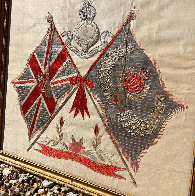 A Framed, Embroidered Silk Piece Depicting The Regimental Colours And Badge Of The Royal West Kent Regiment