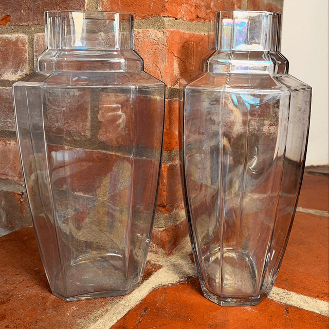 A Pair Of Iridescent Glass Vintage Vases In The Manner Of Art Deco