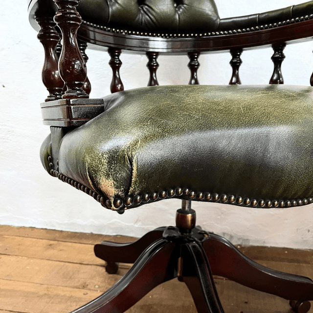 A Vintage Chesterfield Captains Chair Finished In Green Leather