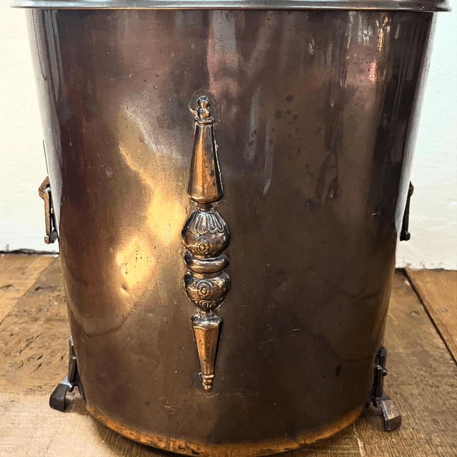 Art Nouveau Copper & Brass Fireside Set, With An Art Nouveau Copper & Brass Fireside Coal Scuttle