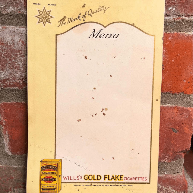 1940’s WILL’s GOLD FLAKE CIGARETTES Menu Card  