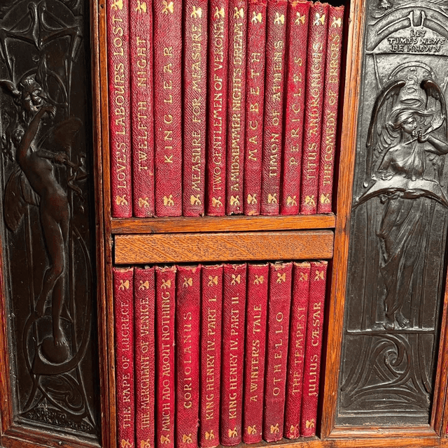 Arts & Crafts Oak Desk Top Bookcase With 3 Bronze Art Nouveau Period Plaques 