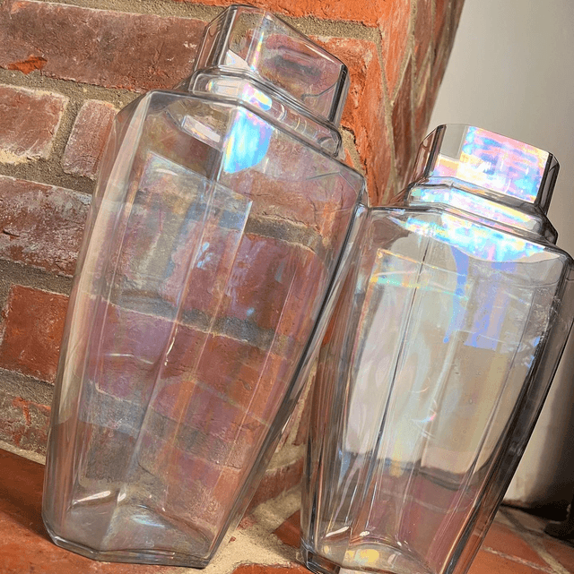 A Pair Of Iridescent Glass Vintage Vases In The Manner Of Art Deco