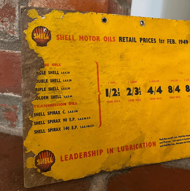 1949 Shell Motor Oil Retail Prices Petrol Station Show Card