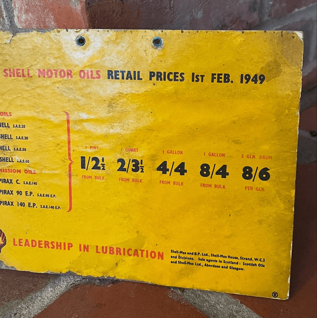 1949 Shell Motor Oil Retail Prices Petrol Station Show Card