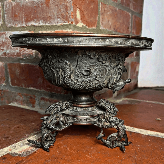 Japanese Bronze Three-part Censer Bowl Featuring Prominent Dragon Motifs, Signed By Watakumo Chûzo