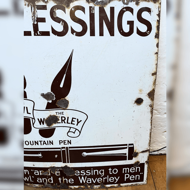 C.1910 BOONS & BLESSINGS, WAVERLEY FOUNTAIN PEN Pictorial Enamel Advertising Sign - LARGE Proportions