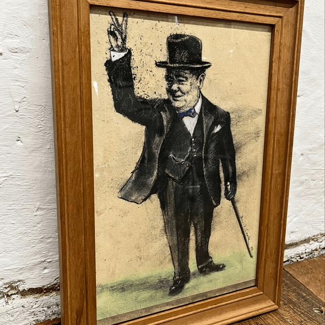 A Naive Charcoal Hand Sketched Portrait Of Winston Churchill- Signed 