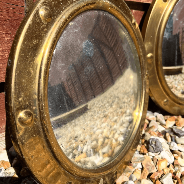 Two 1940’s Brass Convex Porthole Mirrors 