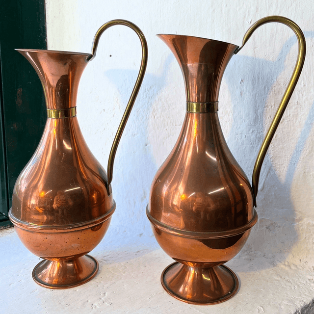 Pair Of Graduated Brass And Copper Decorative Jugs 