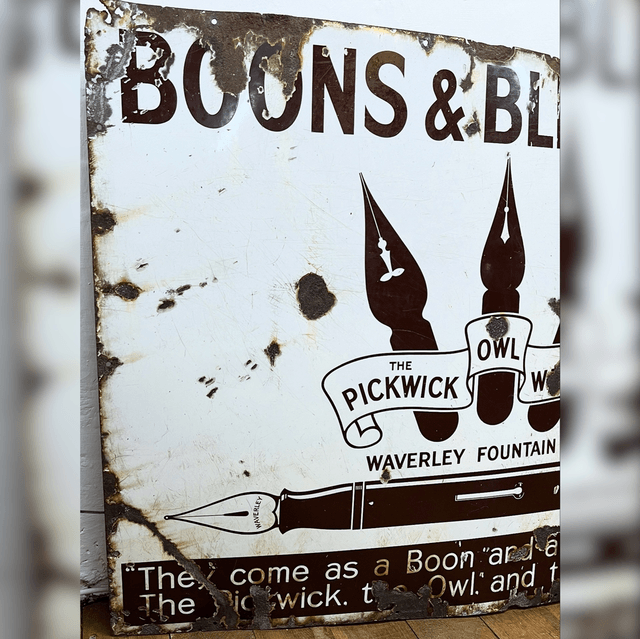C.1910 BOONS & BLESSINGS, WAVERLEY FOUNTAIN PEN Pictorial Enamel Advertising Sign - LARGE Proportions