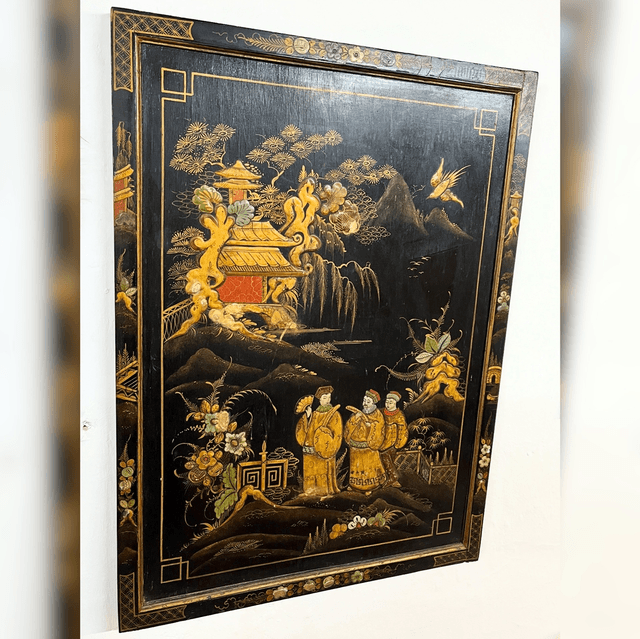 A 20th Century Black Lacquered Chinoiserie Panel