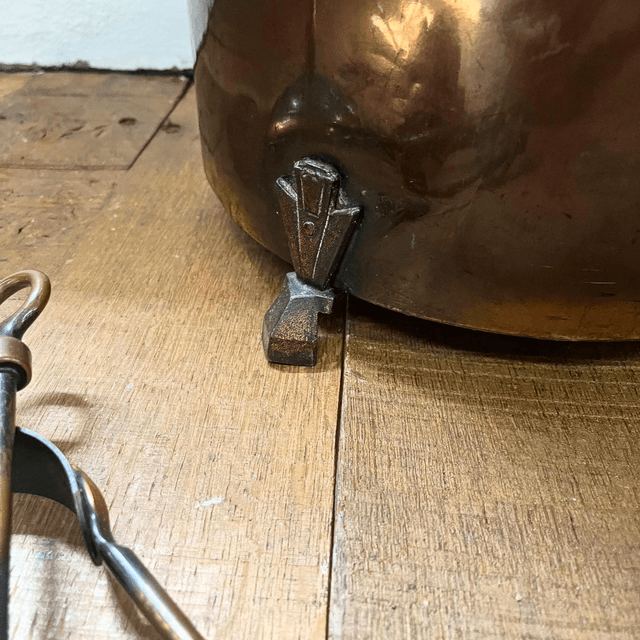 Art Nouveau Copper & Brass Fireside Set, With An Art Nouveau Copper & Brass Fireside Coal Scuttle