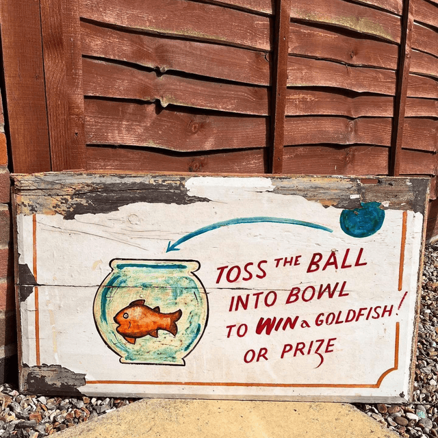 “Toss The Ball Into Bowl To WIN A Goldfish Or Prize” Carnival Game Showman’s Advertising Sign