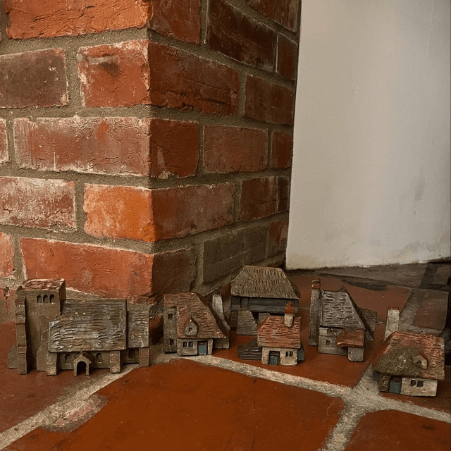 Early Scratch Made Wooden Village With Hand Painted Finish