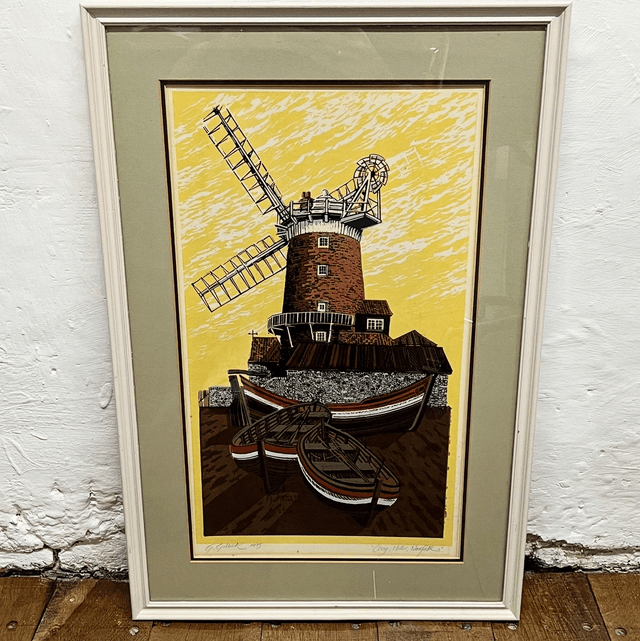 A Framed And Signed Linocut Of “Cley Mill” In North Norfolk