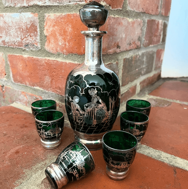 Late 19th Century Italian Green Glass Decanter Set With Sterling Silver Overlay  