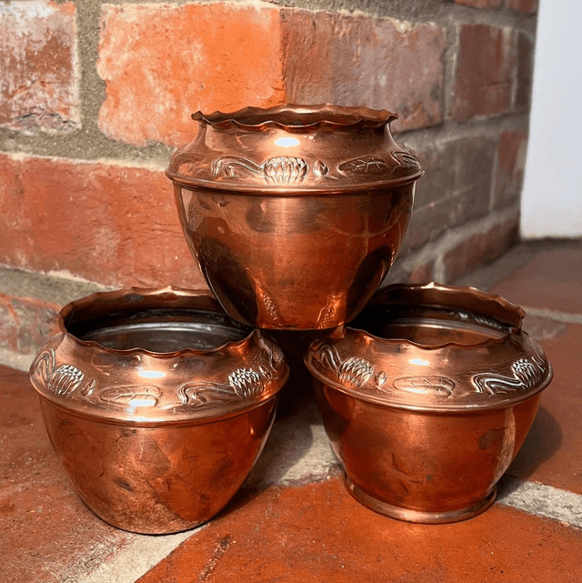 Set of 3 Art Nouveau Small Copper Flora Vases