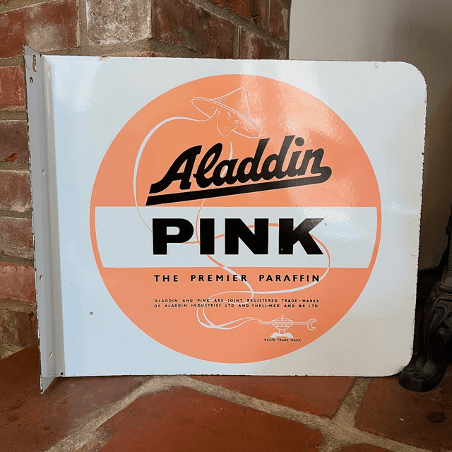 1960’s/ 70’s Shell-Amex &amp; BP Aladdin Pink Double Sided Enamel Flange Sign 